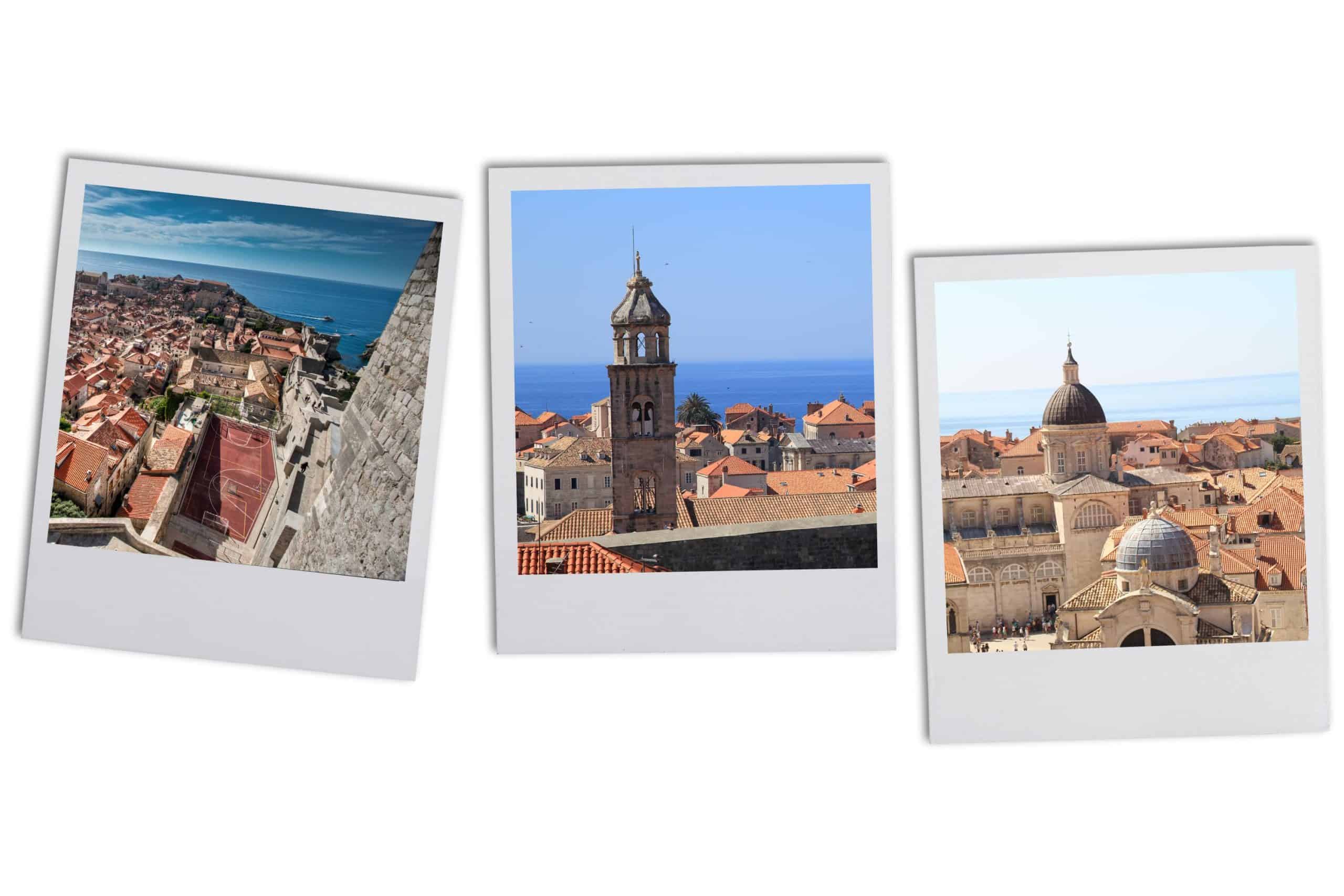 A collage of three pictures taken from atop the Dubrovnik city walls. All three show various views over the rooftops of Old Town with the Adriatic in the background.