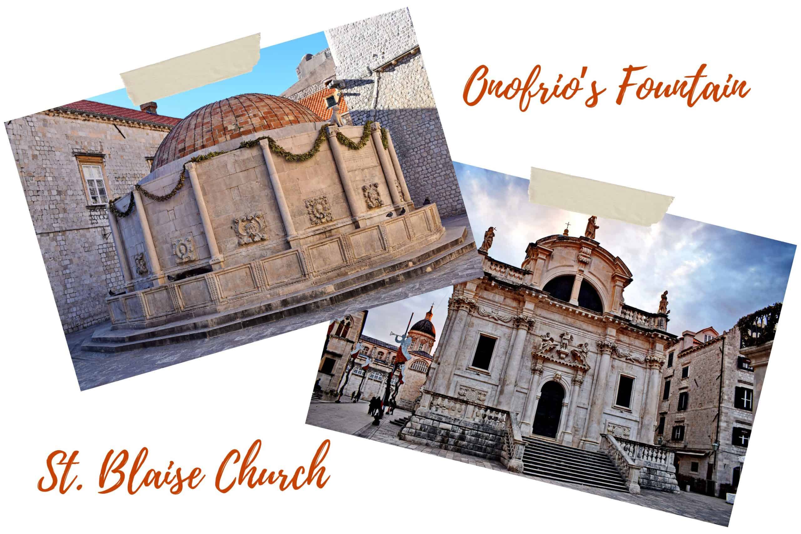 A group of two pictures showing a closeup of Onofrio's Fountain in the one to the left and St. Blaise Church in the one to the right. These are must-see sights if you only have one day in Dubrovnik.