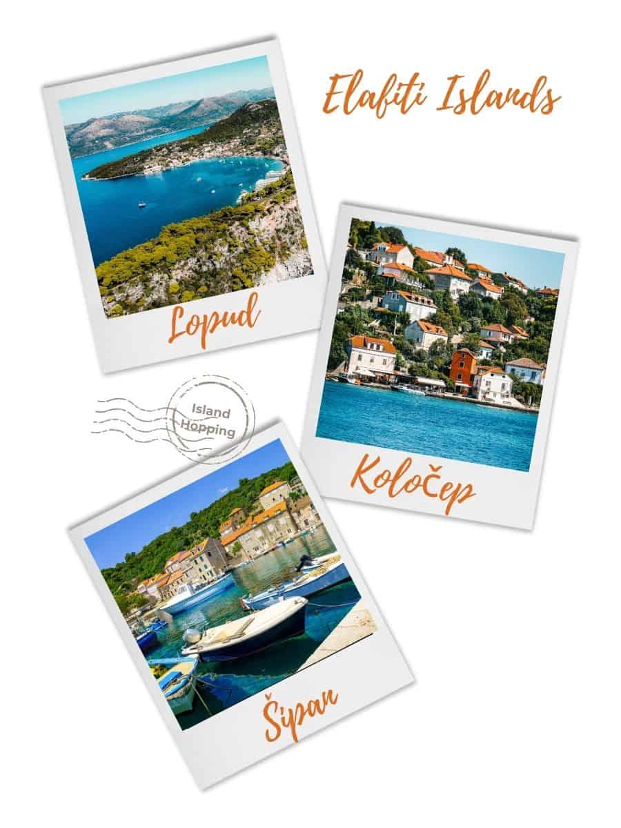 Elafiti Islands collage showing Lopud bay overview, Koločep coastal village, and Šipan harbor with traditional Croatian architecture.