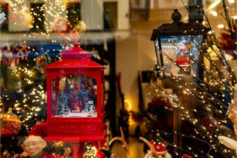 Festive Christmas display showcasing Croatia in winter with decorative red and black lanterns, twinkling fairy lights, holiday ornaments, and seasonal decorations creating a magical winter atmosphere perfect for exploring Croatian Christmas markets and winter celebrations