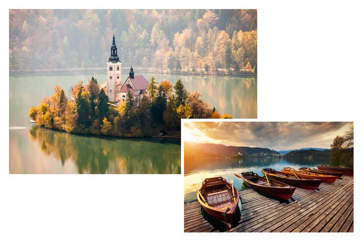 Lake Bled island with church surrounded by autumn foliage, and wooden rowboats docked at sunset in Slovenia.
