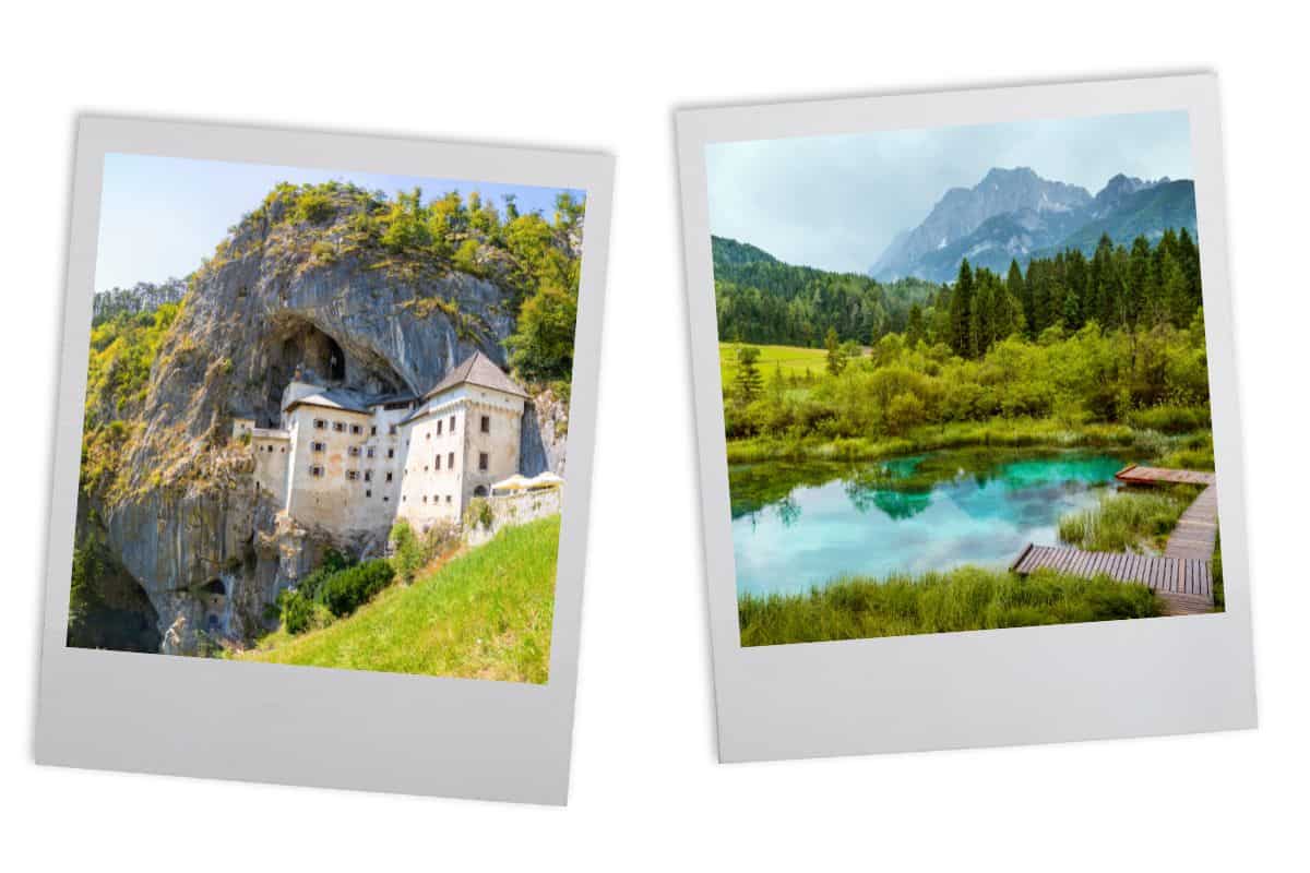 Predjama Castle built into cliff face, and turquoise spring pool with wooden dock surrounded by mountains during best time to visit Slovenia.