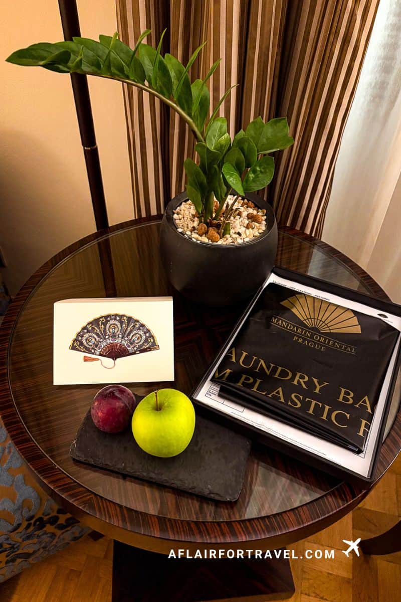 Welcome amenities including fresh fruit, laundry bag, decorative fan, and potted plant in hotel room
