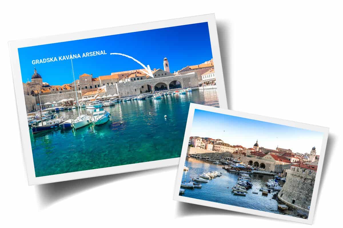 Daytime view of Dubrovnik's Old Port with turquoise waters, historic city walls and the iconic arches of Gradska Kavana Arsenal waterfront restaurant