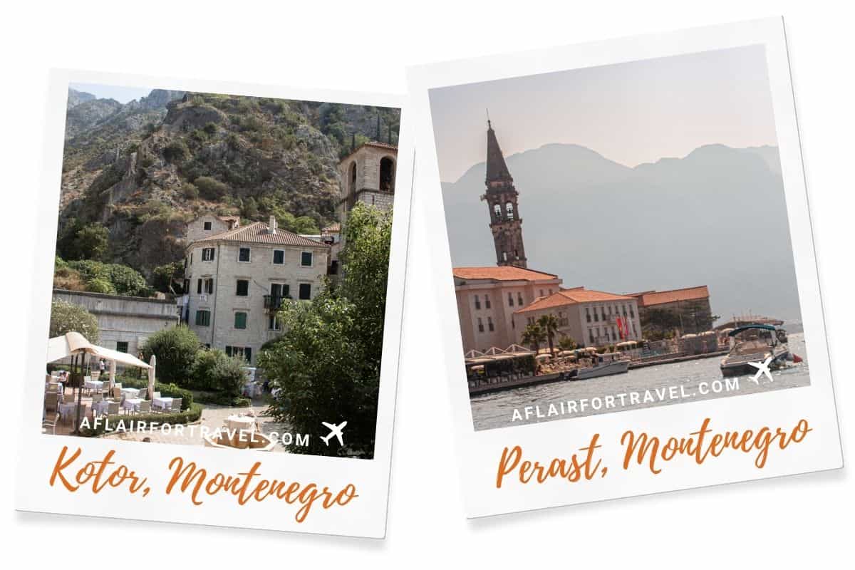 Kotor and Perast in Montenegro, showing historic stone buildings, church bell towers, and boats along the Bay of Kotor.