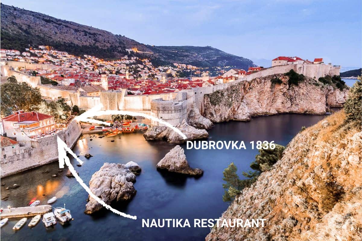 Panoramic view of Dubrovnik Old Town at dusk with the city walls, Adriatic Sea, and the locations of Nautika Restaurant and Dubravka 1836 overlooking the harbor.