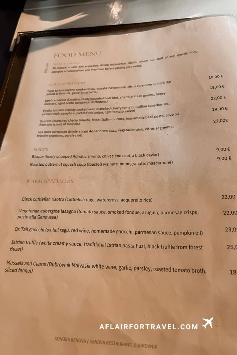Kenova Restaurant Dubrovnik food menu featuring Adriatic seafood, truffle pasta, and Croatian specialties with prices