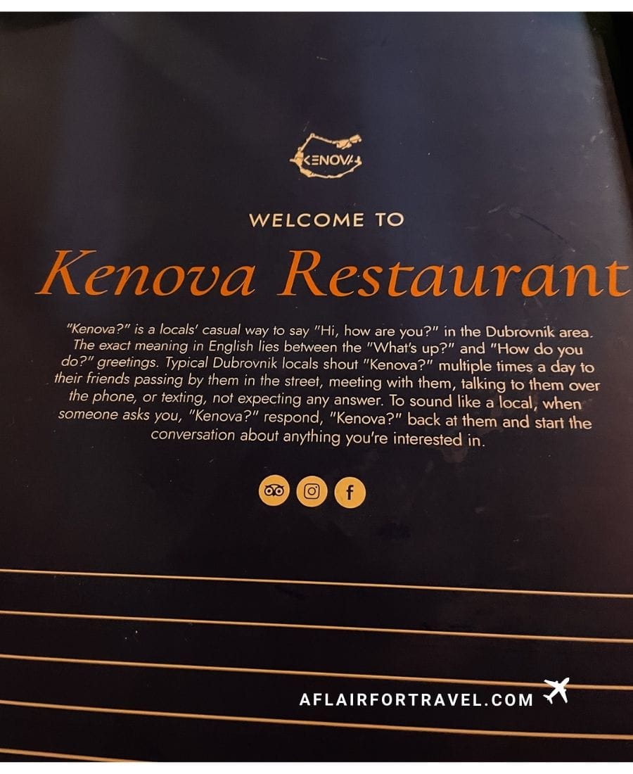 Kenova Restaurant Dubrovnik welcome sign explaining local greeting tradition, popular dining spot near the old town