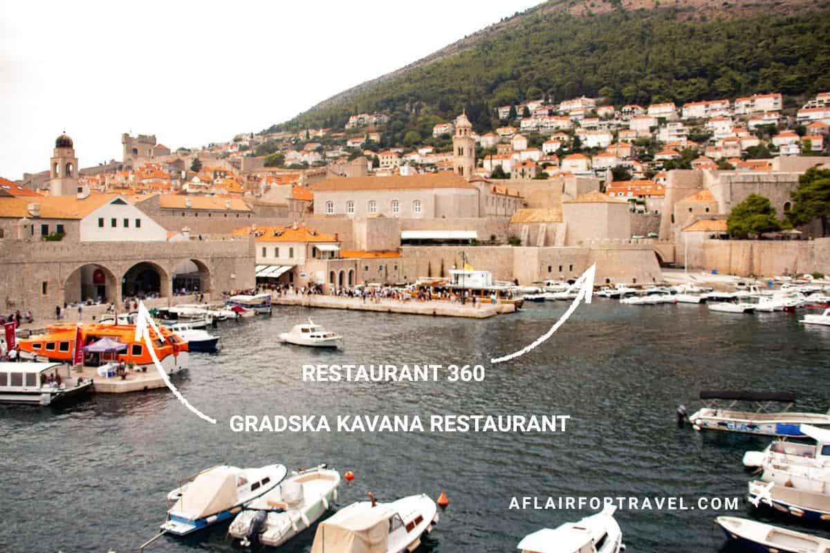 Dubrovnik restaurants with a view of the old harbor - Restaurant 360 and Gradska Kavana locations marked on waterfront with boats
