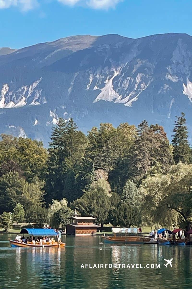 Traditional wooden pletna boats gathered near the shore with dense forest and dramatic Julian Alps peaks rising in the background