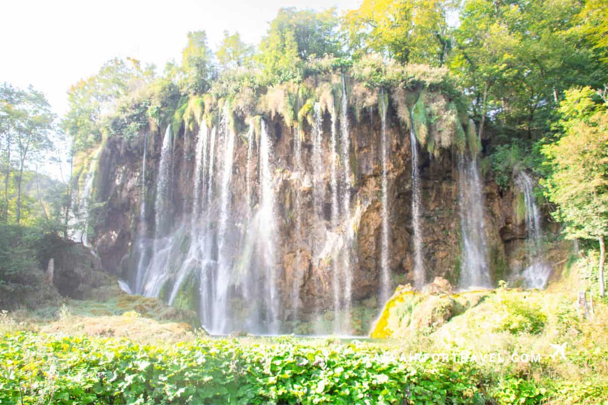 Spectacular waterfall cascading over moss-covered travertine cliff at Plitvice Lakes National Park, Croatia, surrounded by lush green forest and wild vegetation, one of the reasons it's worth visiting the national parks in Croata