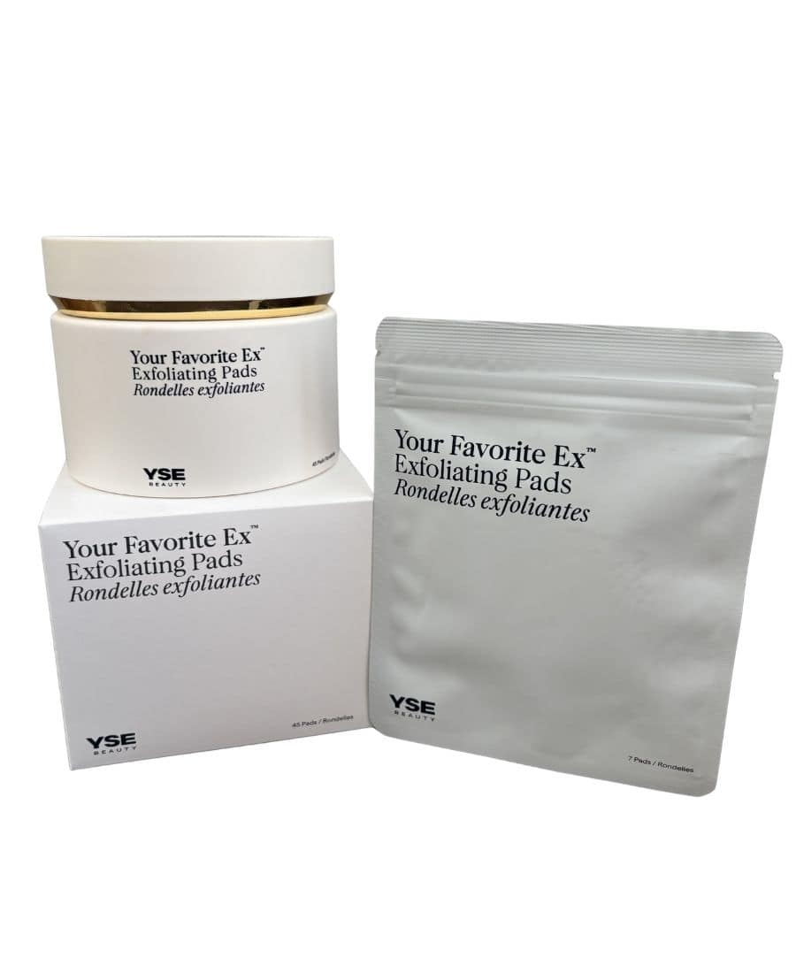 YSE Beauty Your Favorite Ex Exfoliating Pads in jar and TSA-friendly pouches for convenient skincare on the go