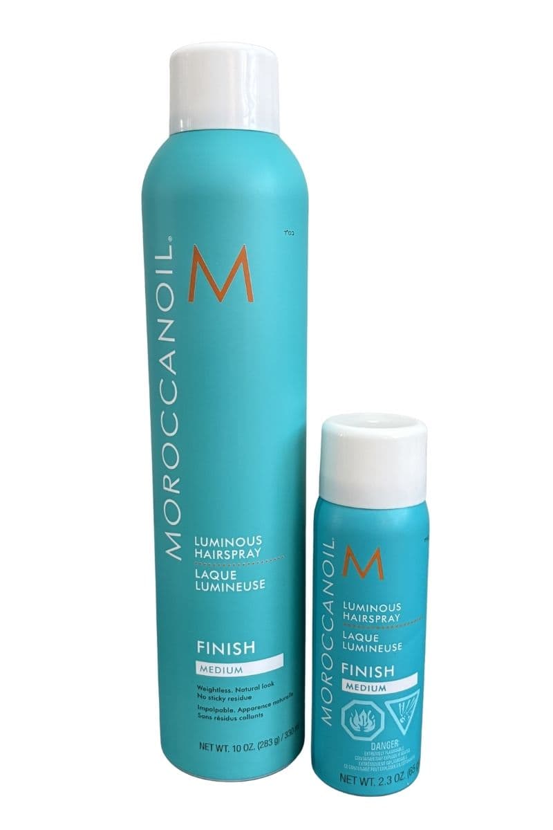 Moroccanoil Luminous Hairspray in full-size and 2.3 oz travel-size bottles for TSA-compliant packing