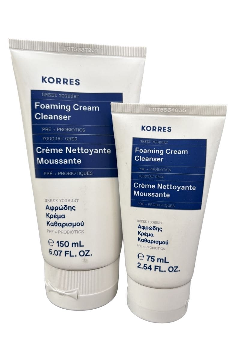 Korres Greek Yogurt Foaming Cream Cleanser in a standard 150ml and a TSA compliant 75ml size