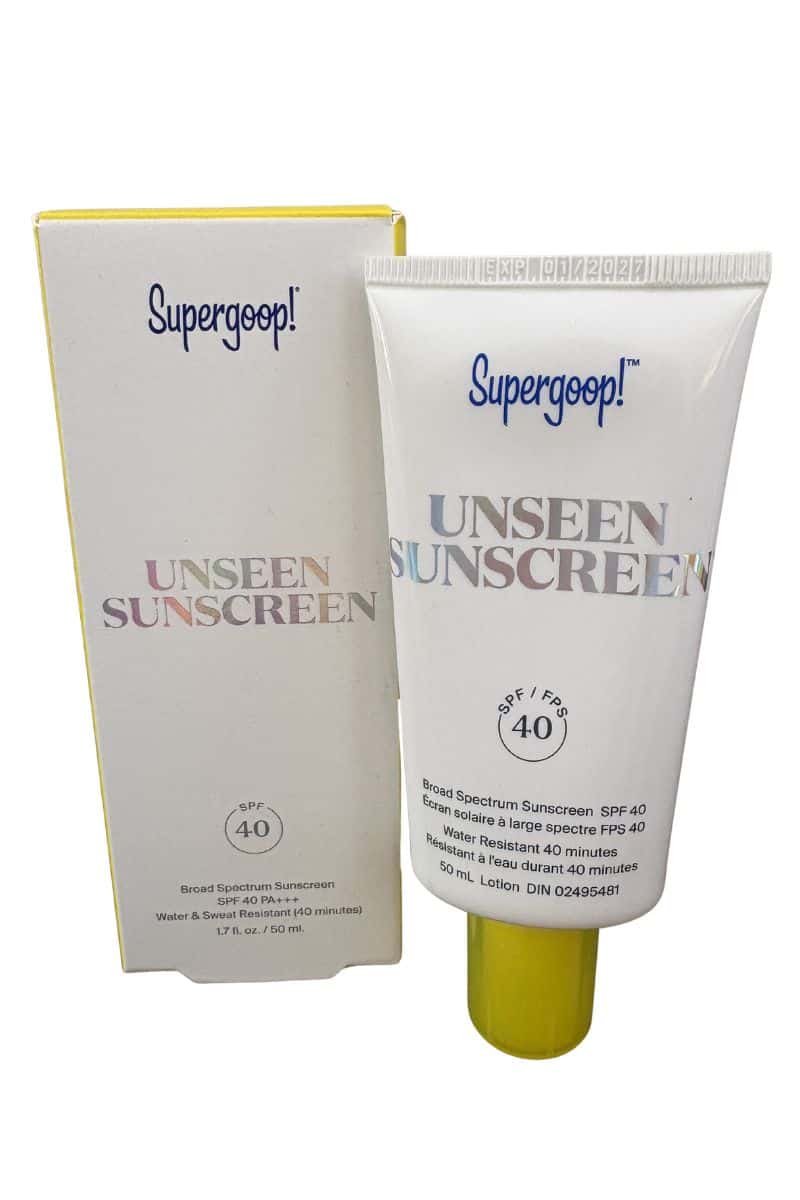 Supergoop Unseen Sunscreen SPF 40 in 1.7 oz travel-size tube with packaging, ideal for carry-on luggage
