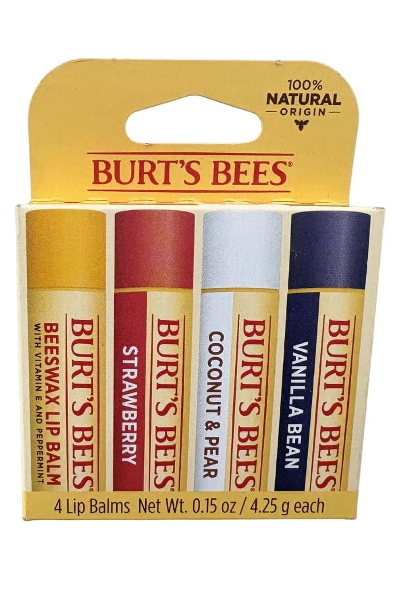 Burt's Bees natural lip balm four-pack in Beeswax, Strawberry, Coconut & Pear, and Vanilla Bean flavors