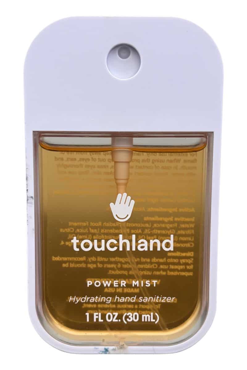Touchland Power Mist hydrating hand sanitizer in 1 fl oz travel size with spray dispenser
