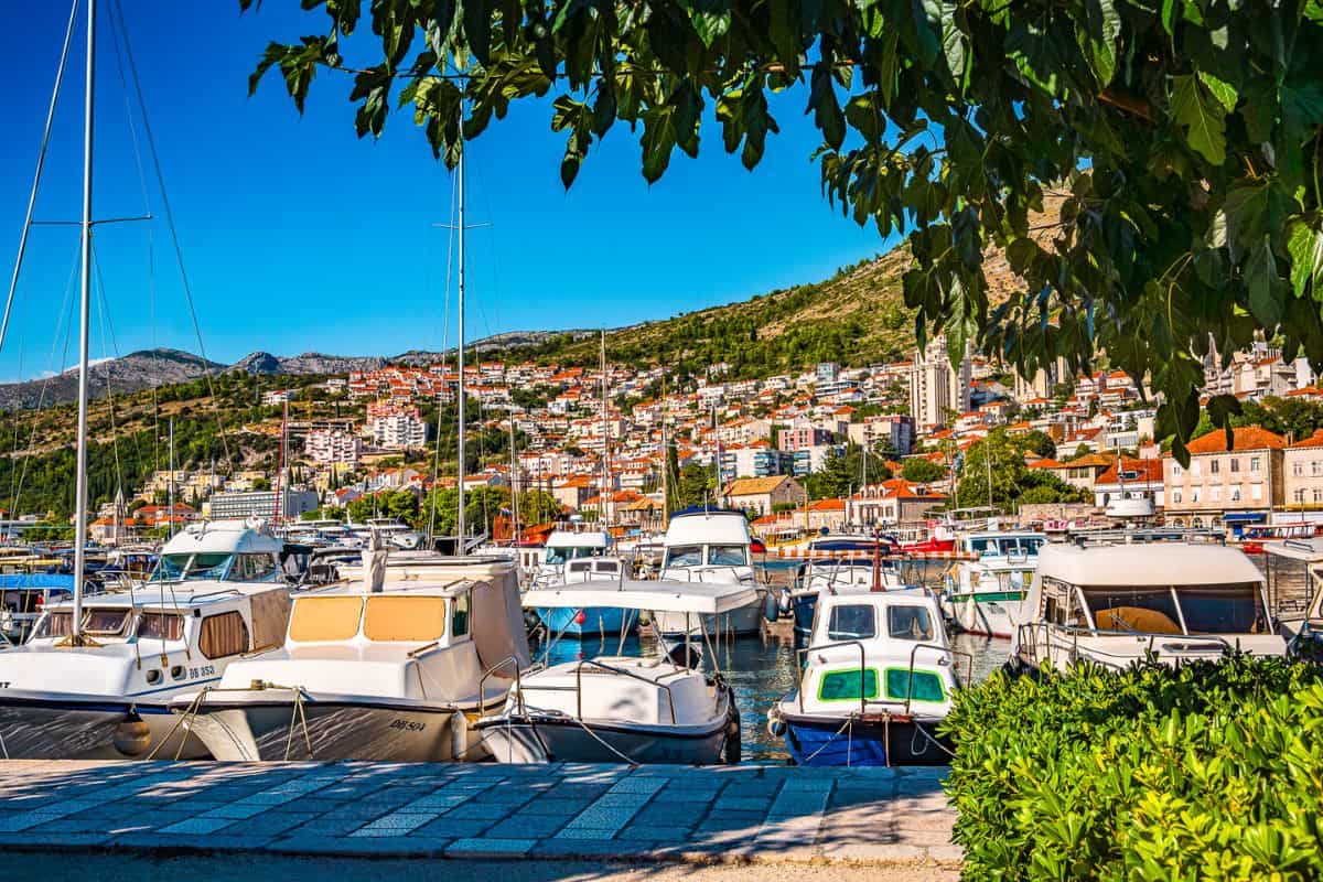 Marina filled with boats and yachts in Gruž port area near where to stay in Dubrovnik, with colorful buildings climbing hillside under blue sky