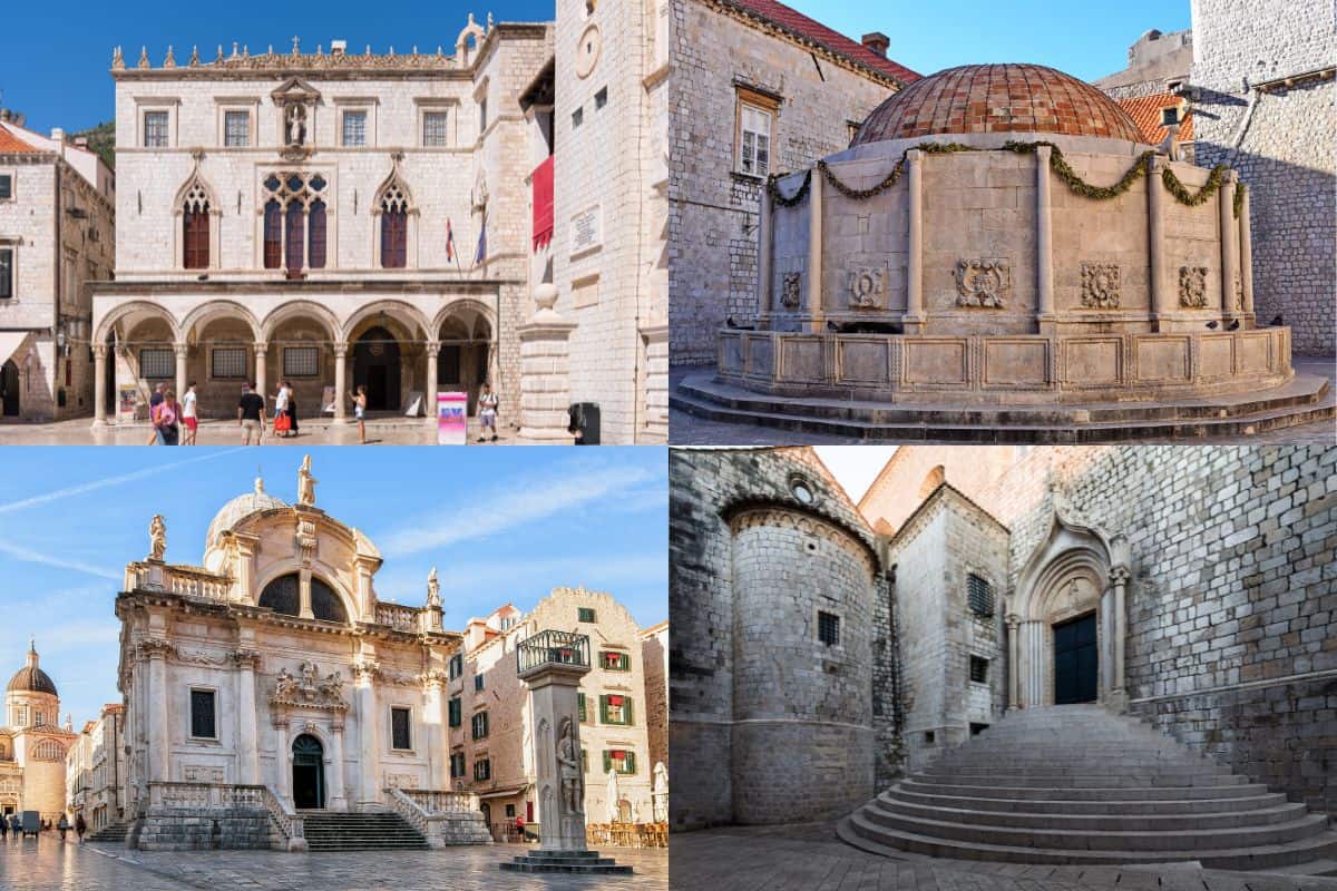 Collage of Dubrovnik's Old Town landmarks including the Rector's Palace, Onofrio's Fountain, St. Blaise Church, and historic stone steps