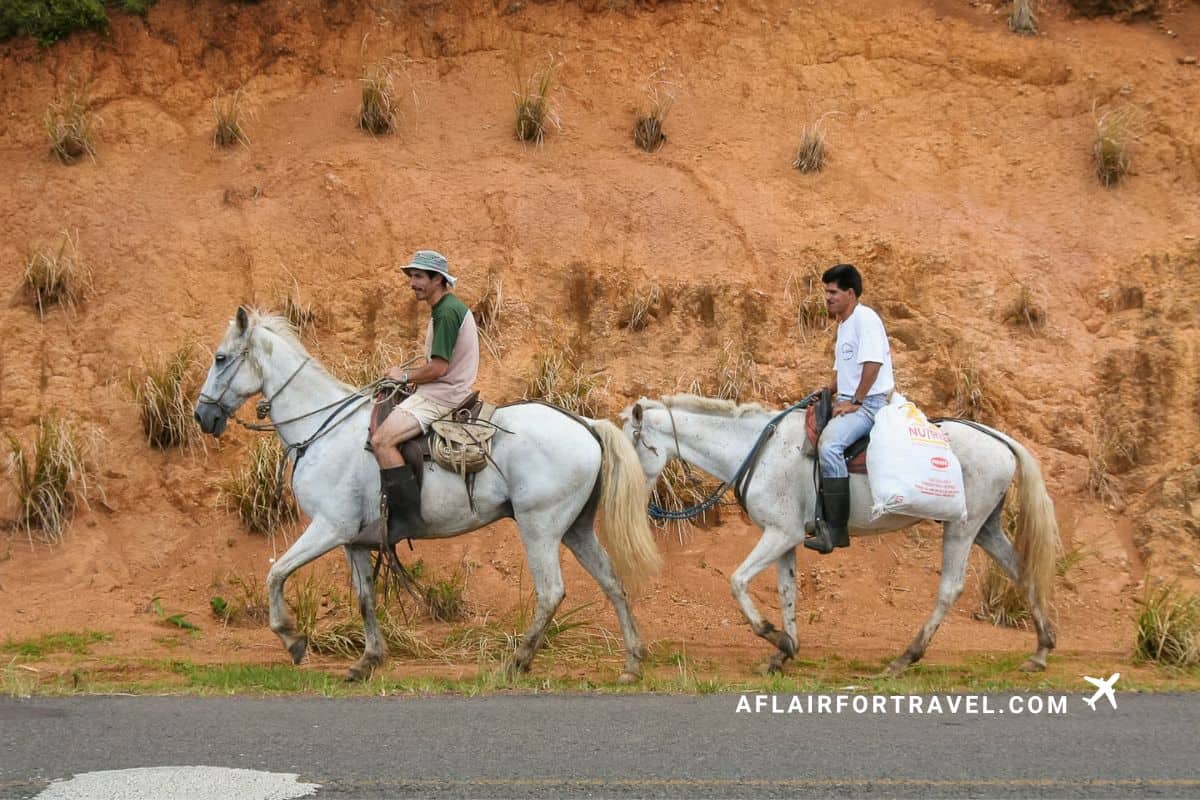 Horseback riders sharing the road in Costa Rica, highlighting why you need to drive defensively.