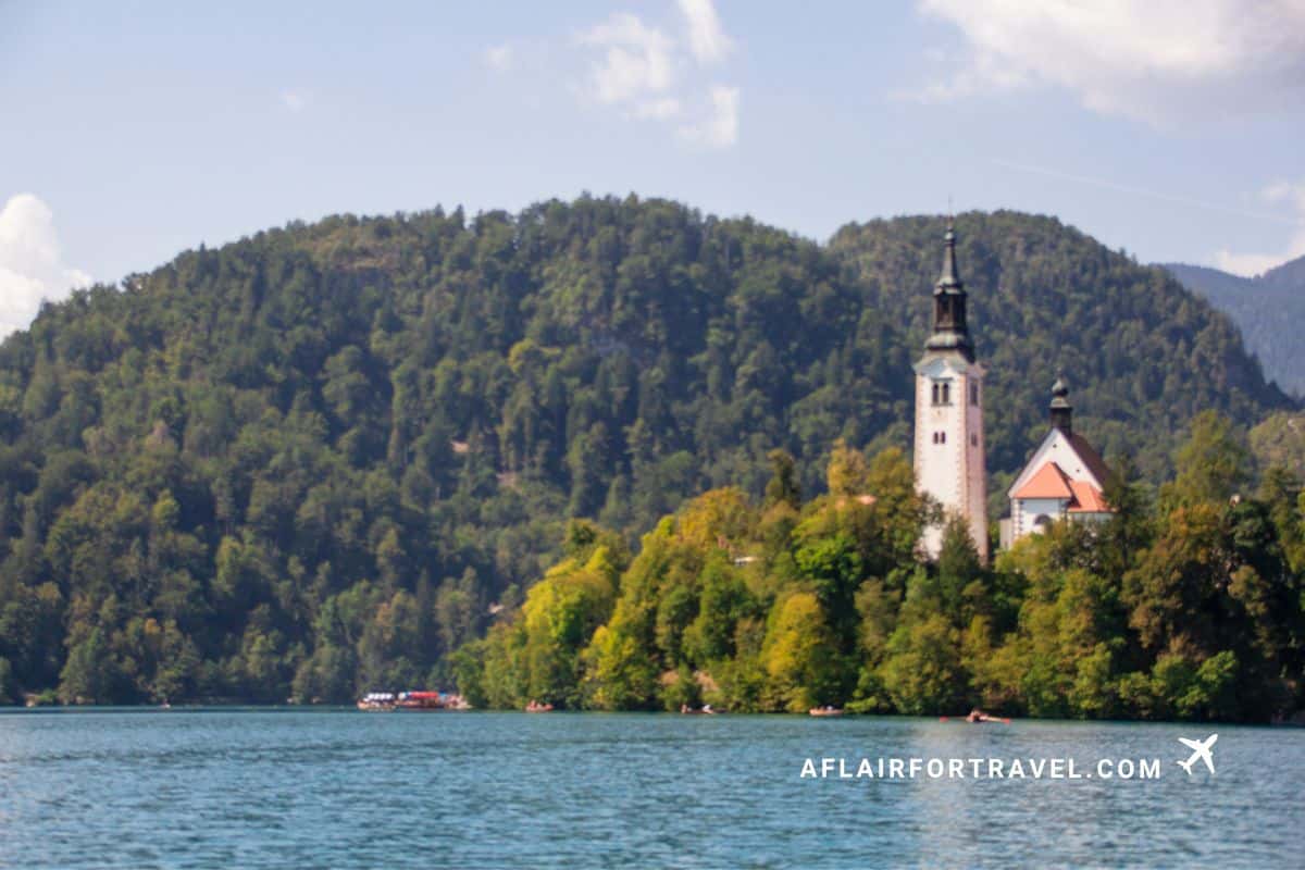 Church of the Assumption on Bled Island rising above the turquoise waters of Lake Bled.