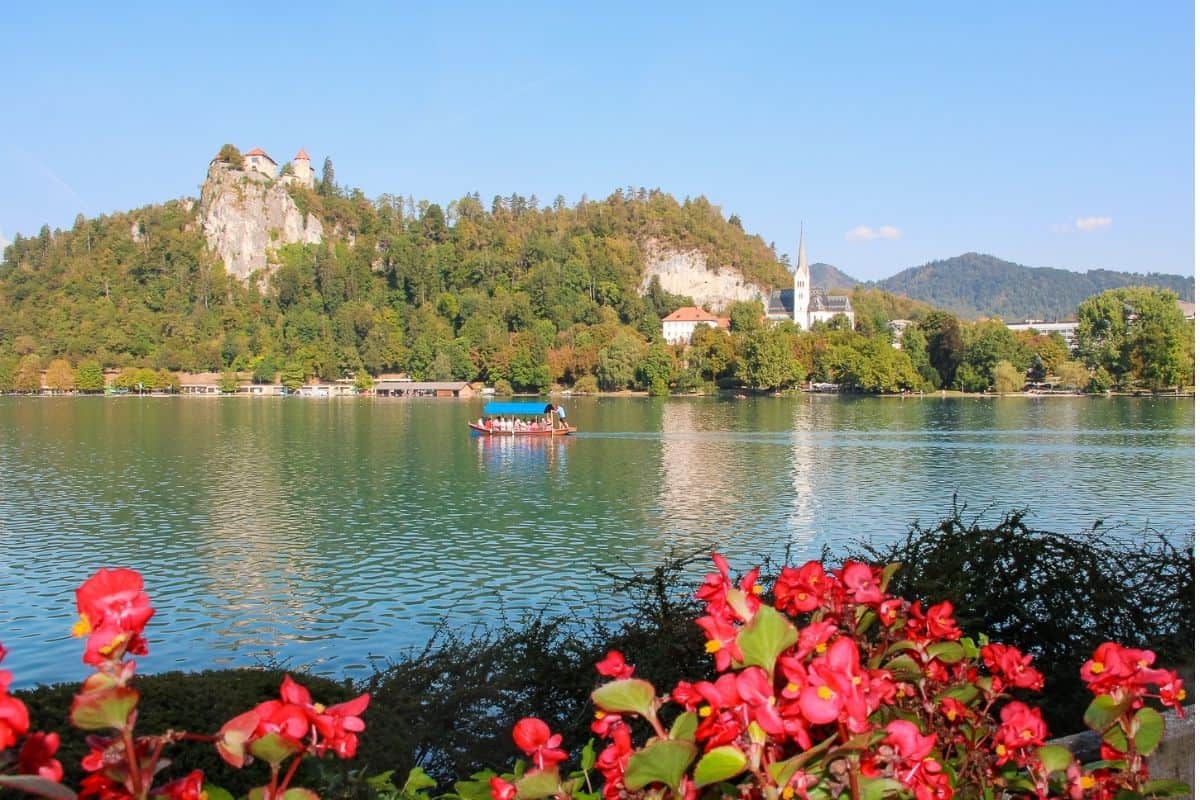Lake Bled shoreline with flowers in the foreground and Bled Castle on a hilltop in the background