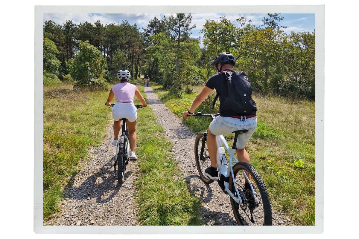 Two cyclists riding on a gravel path through a forested area in Slovenia on a sunny day