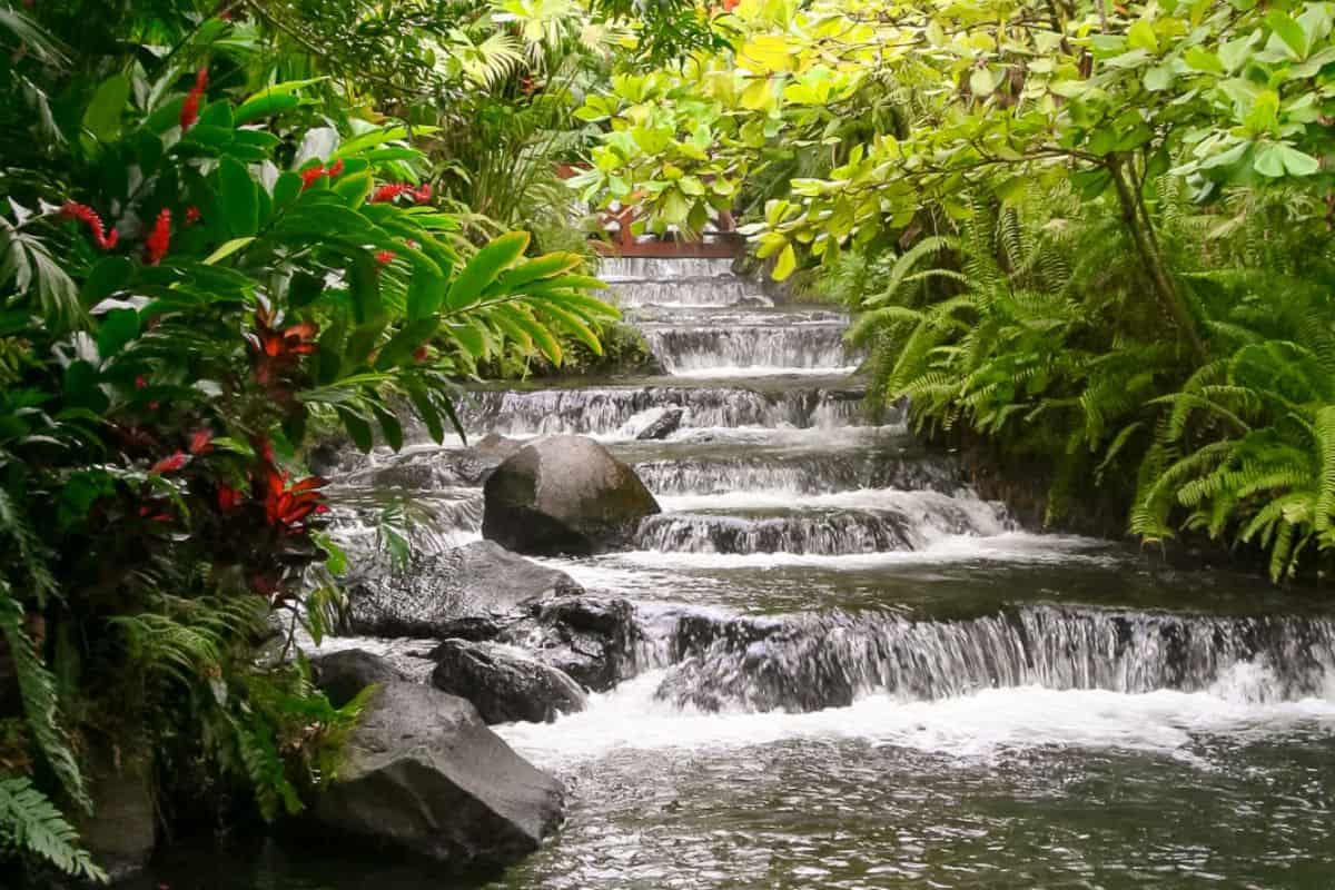 Cascading hot spring waterfalls, at Tabacón Thermal Resort & Spa, flowing through lush jungle, a relaxing stop on a Costa Rica family itinerary