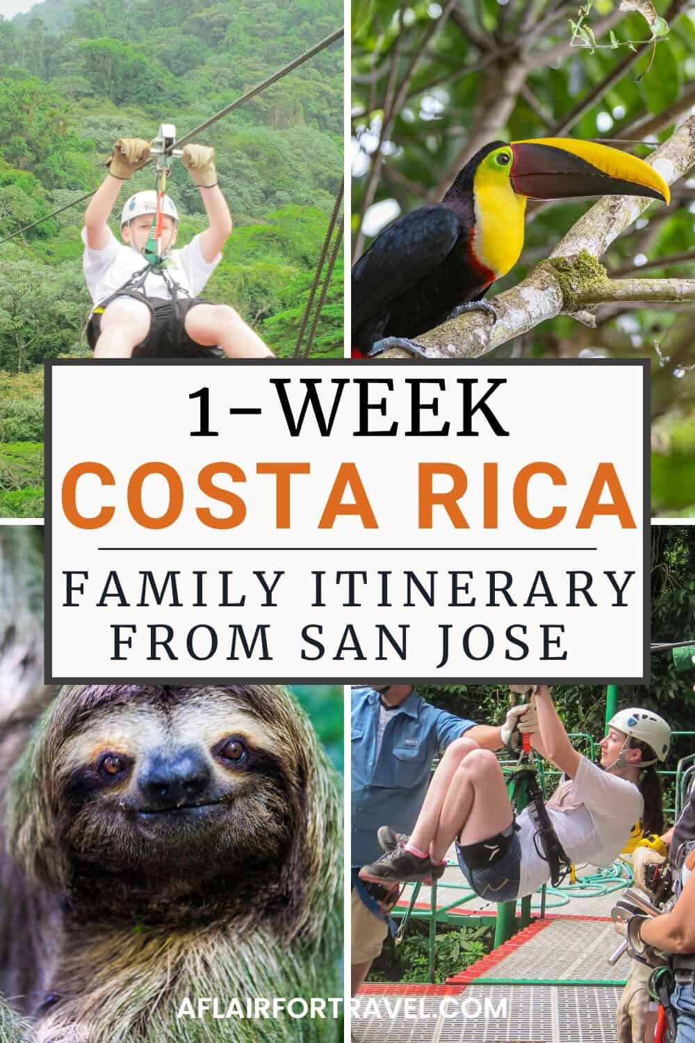 Pinterest pin: 1-week Costa Rica family itinerary from San Jose, featuring ziplining and wildlife