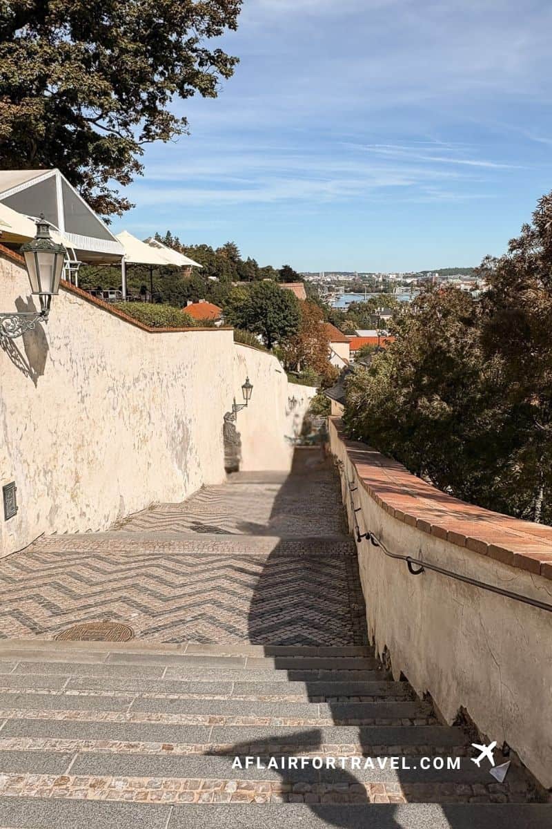 Zamecke Schody staircase that leads to and from Prague Castle with sweeping views over Prague below