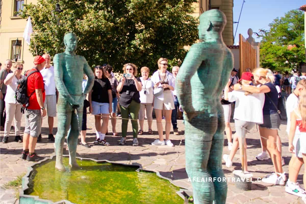 If you're wondering what to see in Mala Strana, the famous Piss Sculpture by David Černý near the Franz Kafka Museum in Prague is popular.