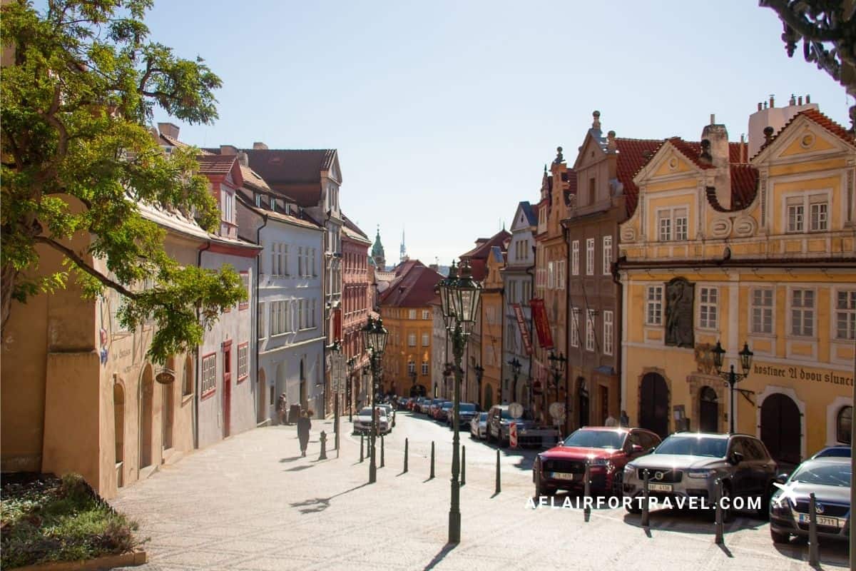 What to See in Mala Strana includes the charming Nerudova Street street lined with historic buildings in Prague's picturesque Lesser Town district, which leads to Prague Castle.