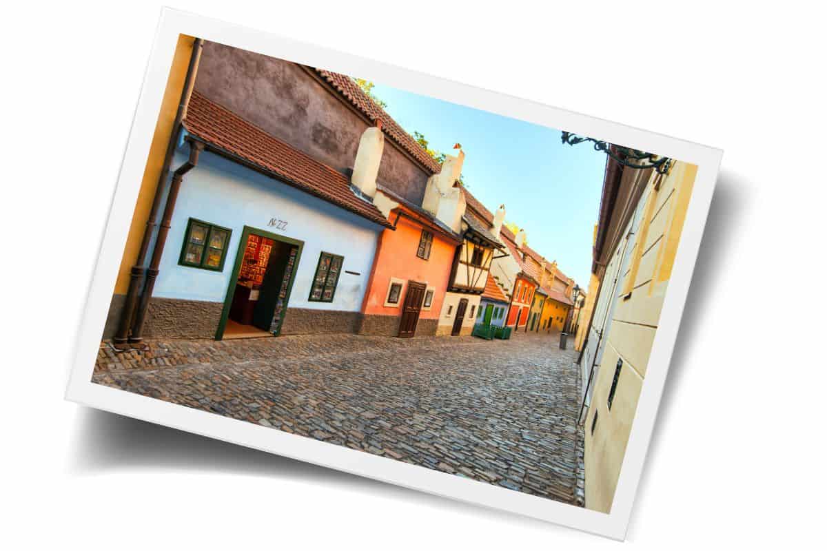 Golden Lane's colorful, miniature houses lining a quiet cobbleston street, a charming stop near Prague Castle