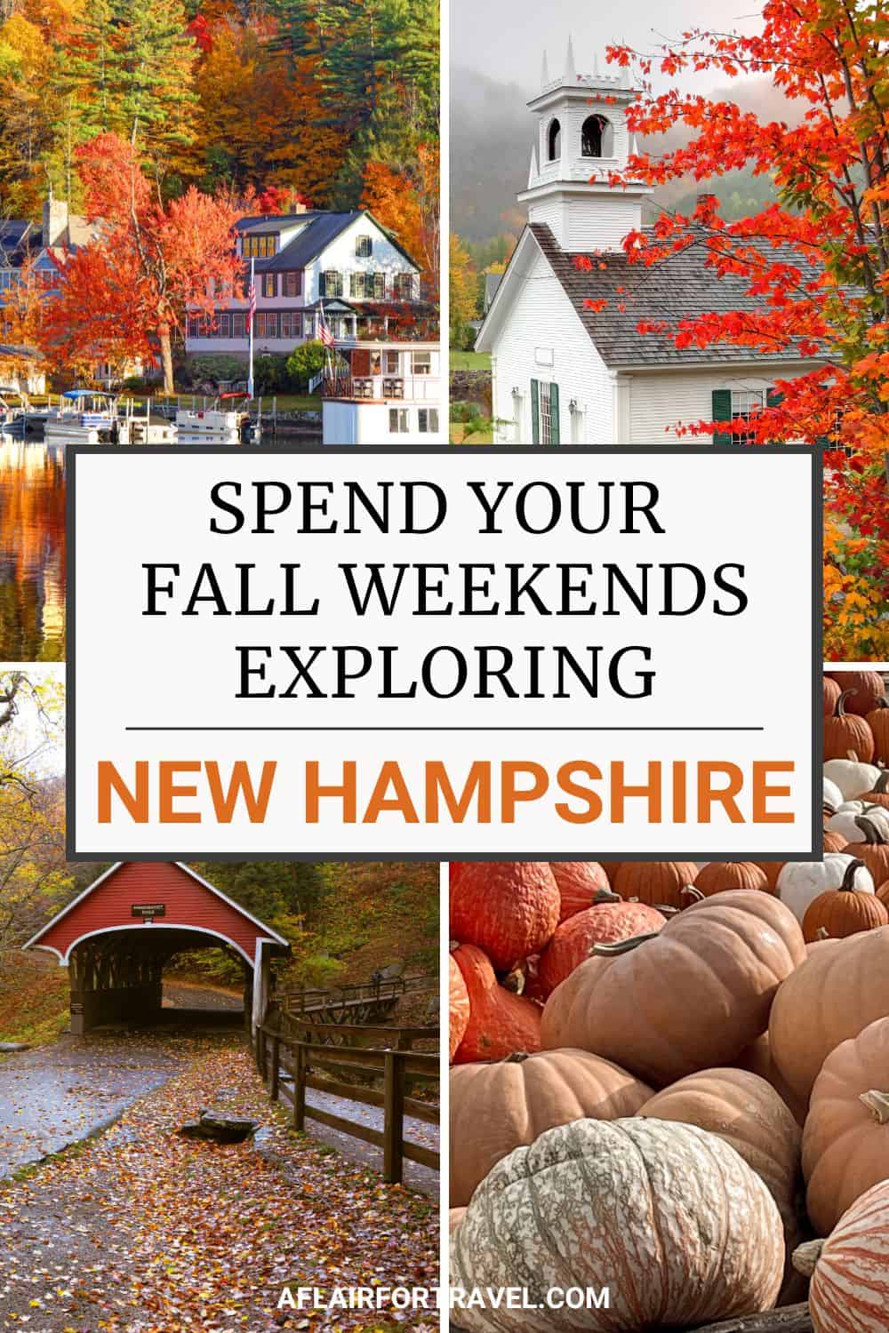 Fall foliage and pumpkins in New Hampshire, featuring a lakeside village, white church steeple, red covered bridge, and autumn pumpkin harvest