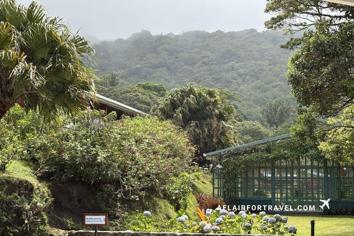 Misty cloud forest mountains framing hotel grounds, a scenic spot and where to stay in Monteverde Costa Rica
