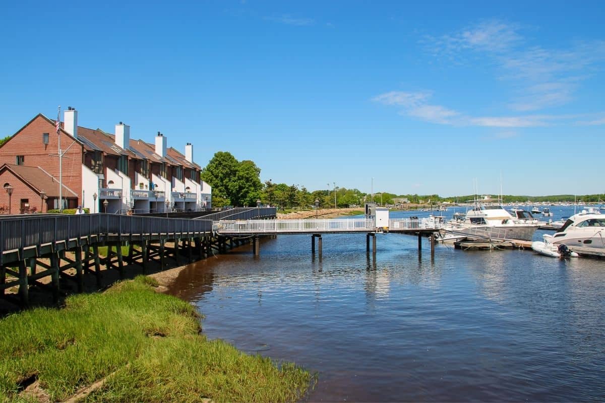 Boardwalk and marina view along the Merrimack River in Newburyport