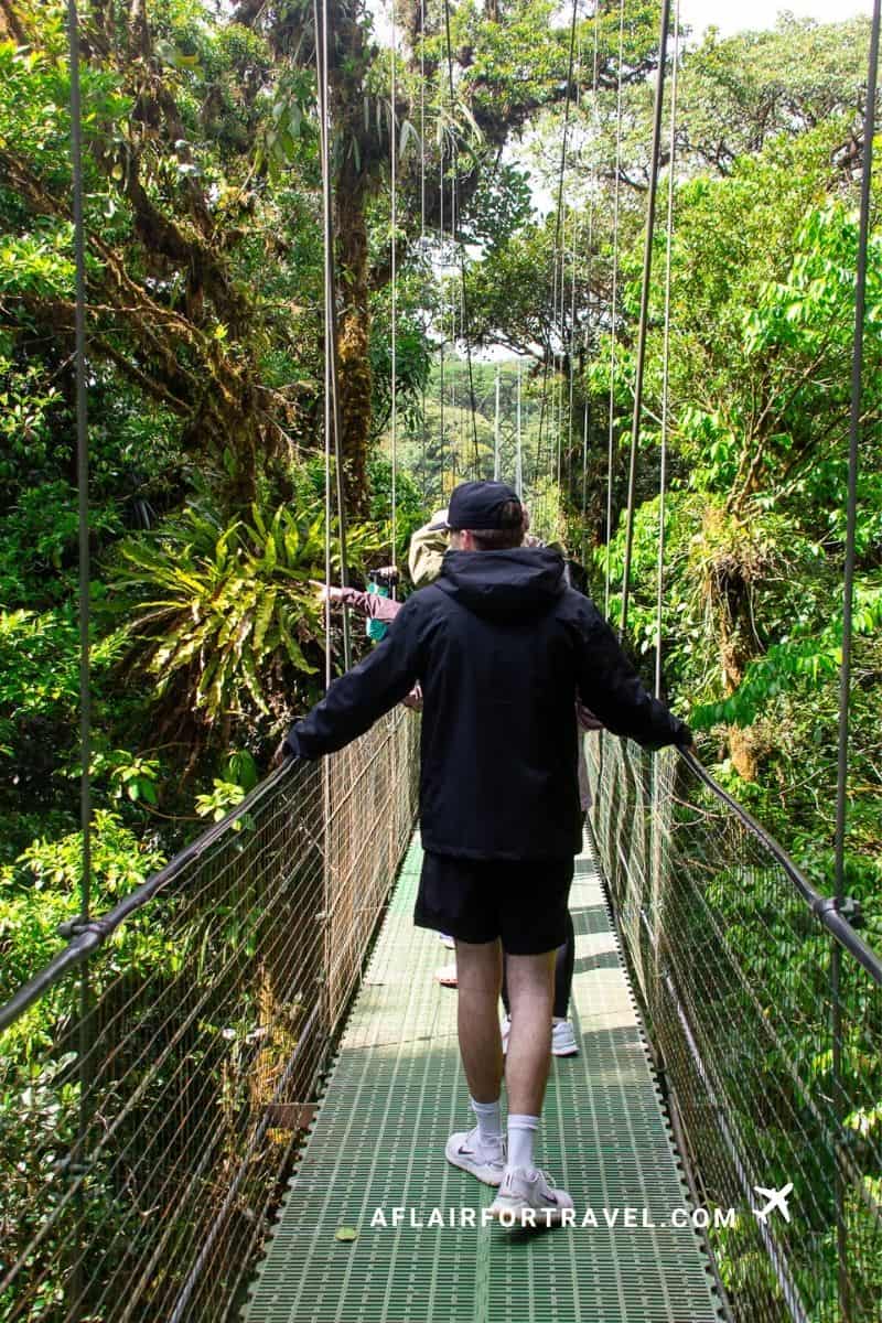 Visitor crossing a suspended forest bridge, one of the top things to do in Monteverde, Costa Rica