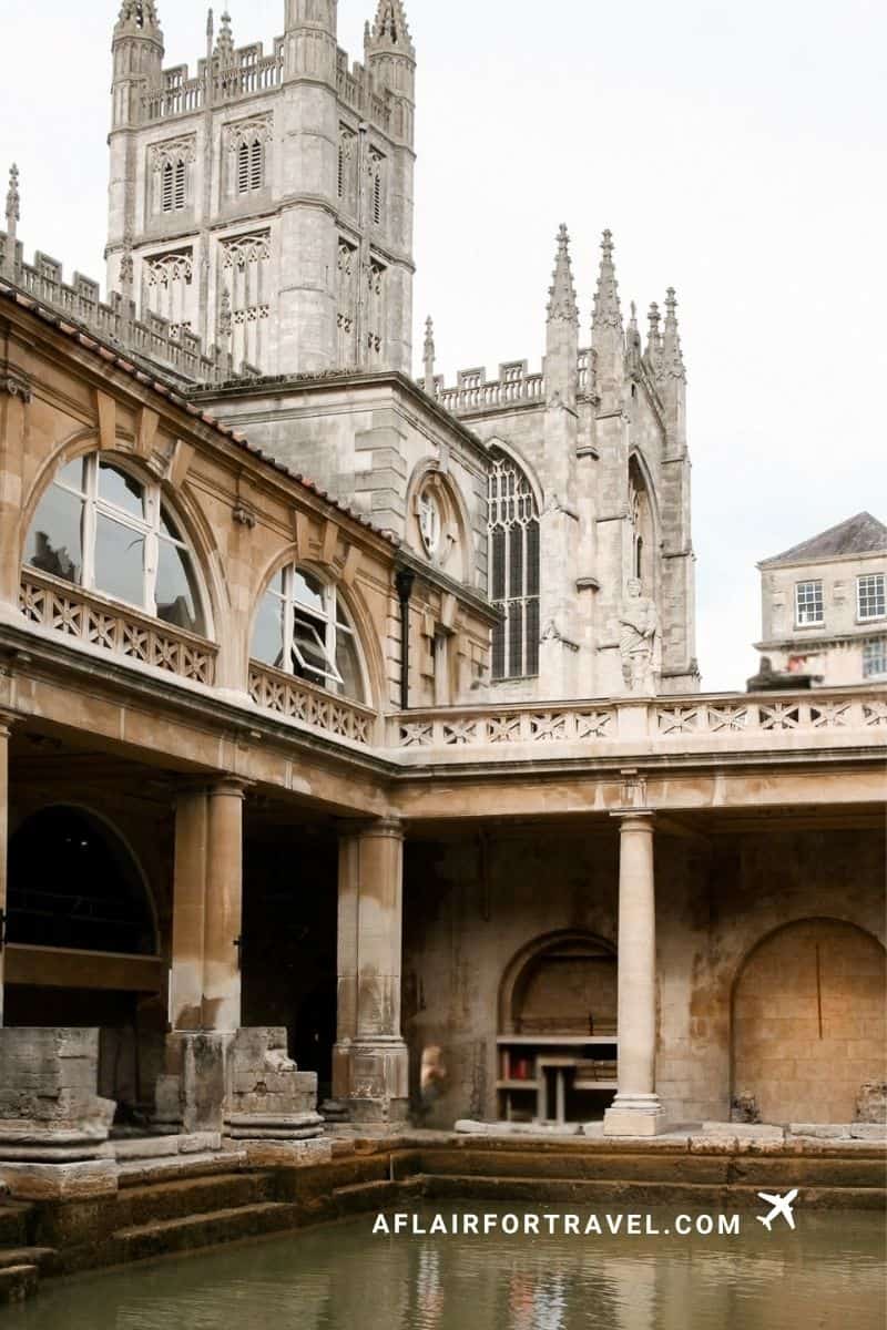 Roman Baths and Bath Abbey's towers on a first-time trip to Europe in England