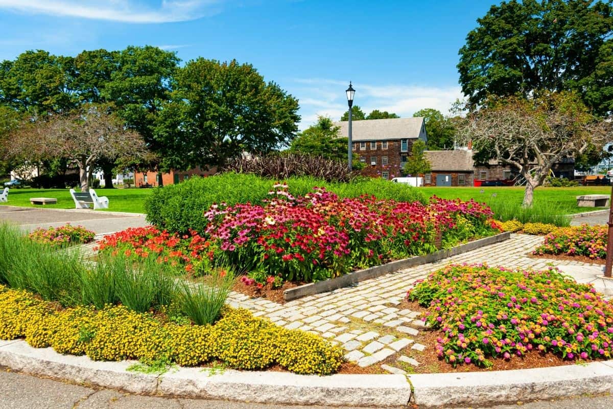 Formal garden with red, pink, and yellow flowers in Portsmouth's Prescott Park