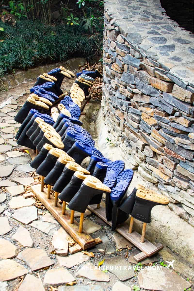 Rubber boots lined up for guests exploring the cloud forest, offered at some eco-lodges in Monteverde Costa Rica