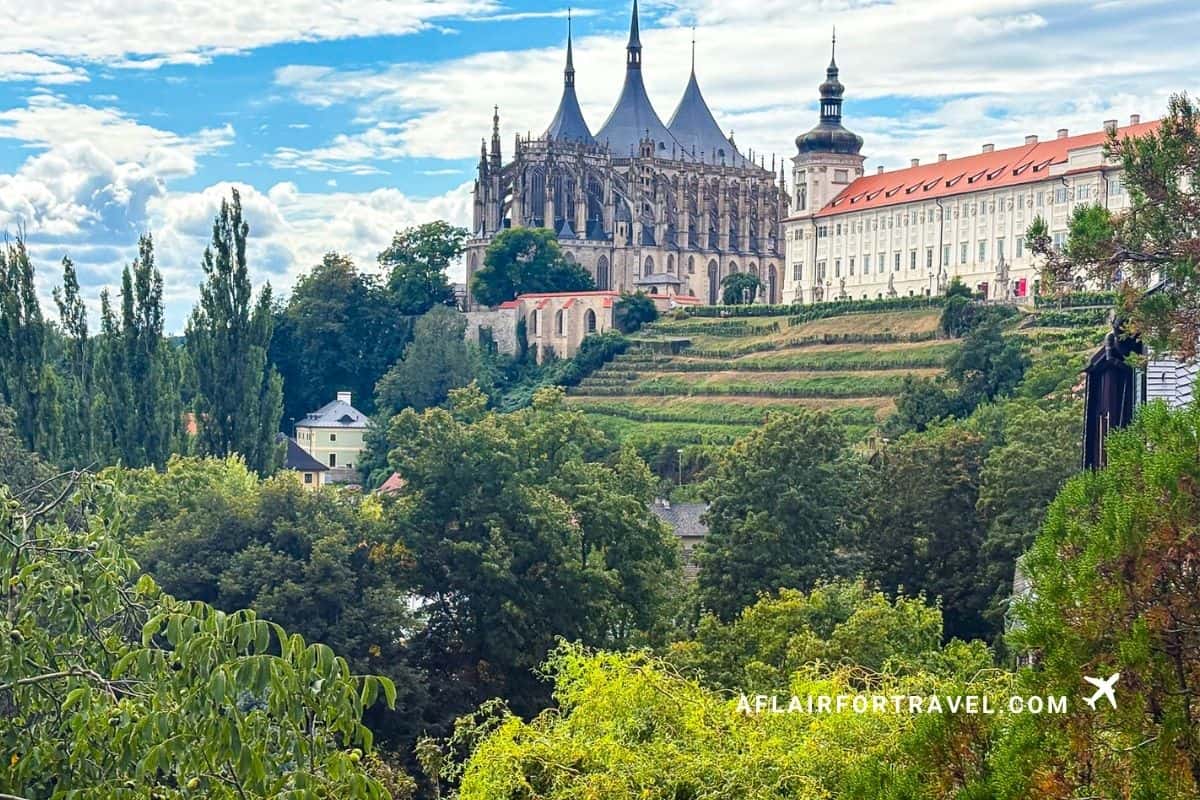 St. Barbara's Church gothic spires rising above Kutná Hora's vineyards, a first time trip to Europe must-see