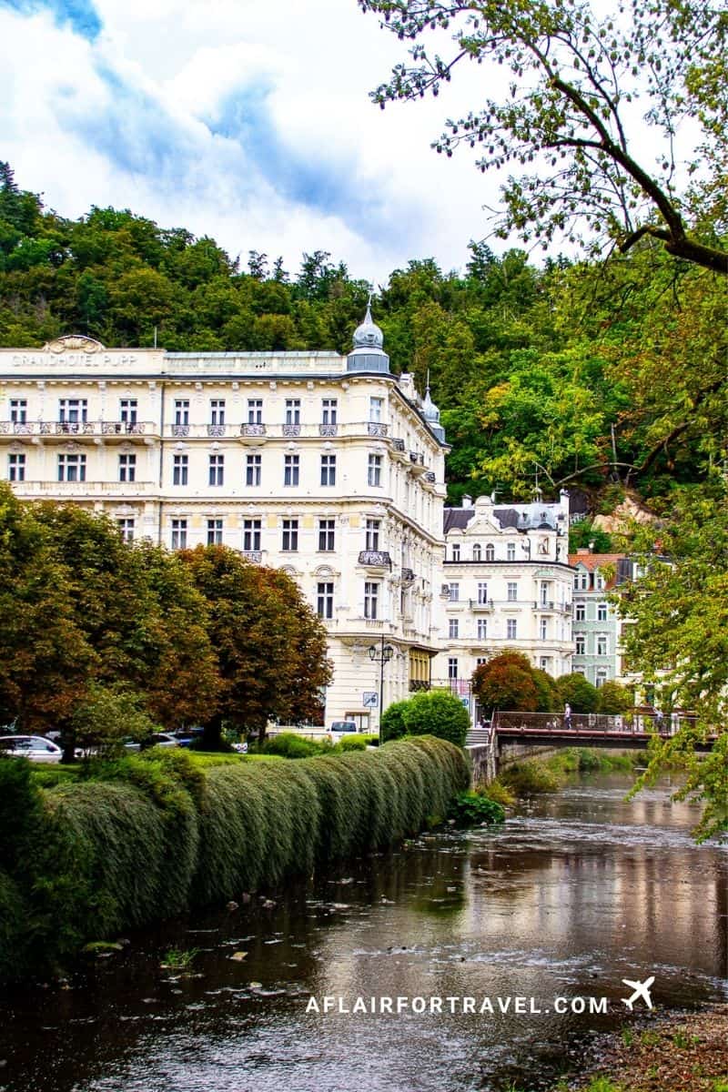 Grandhotel Pupp and riverside buildings in Karlovy Vary, Czech Republic