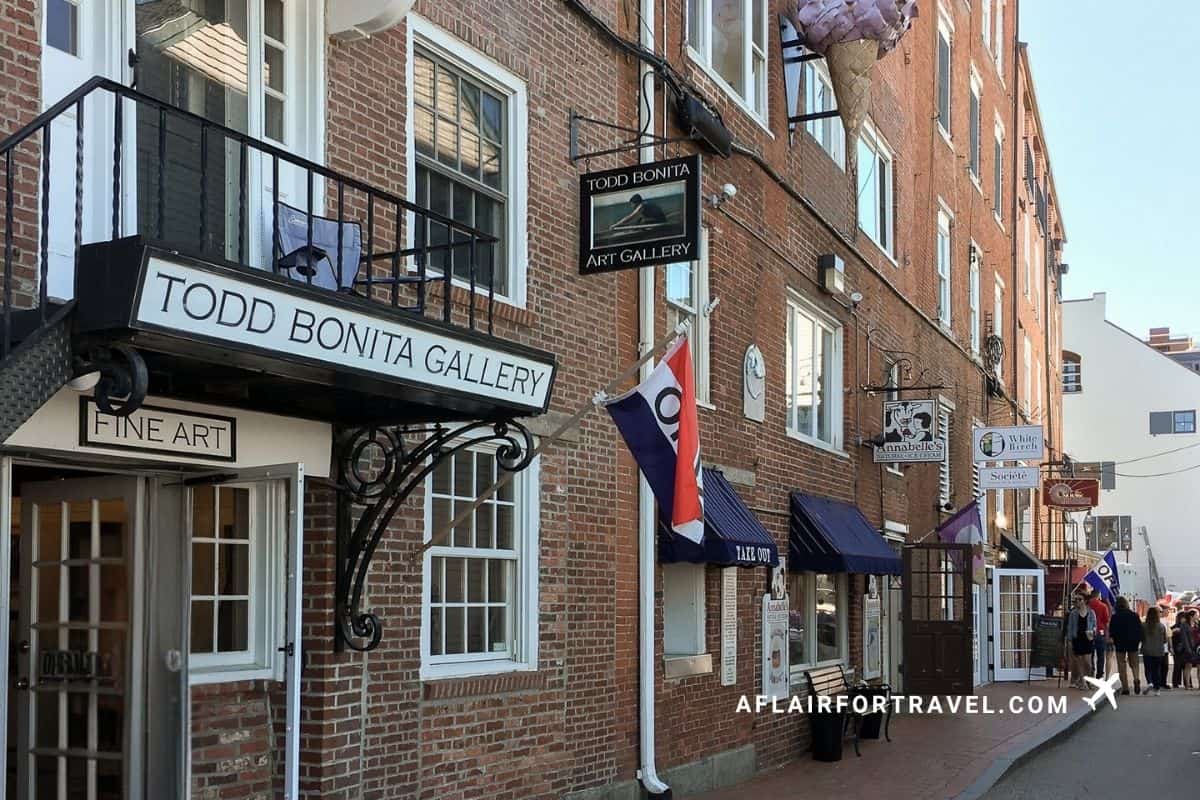 Brick storefronts along a Portsmouth street, including the Todd Bonita Gallery