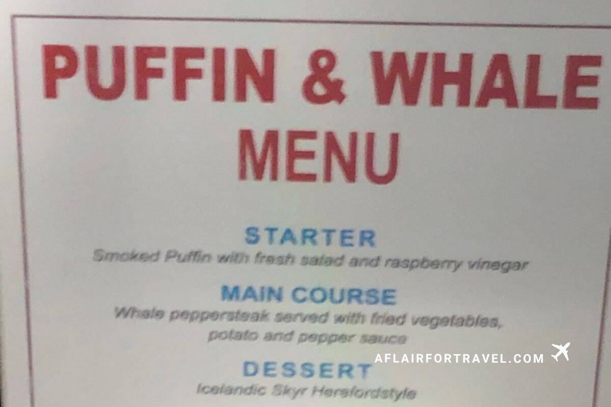 Here's alt text for the menu image: Traditional Icelandic puffin and whale menu with smoked puffin starter and whale steak main course