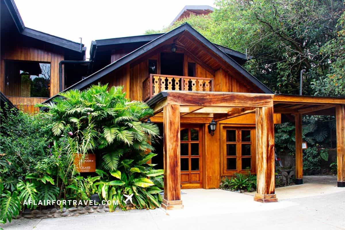 Wooden reception building with covered entrance at a Monteverde Costa Rica lodge