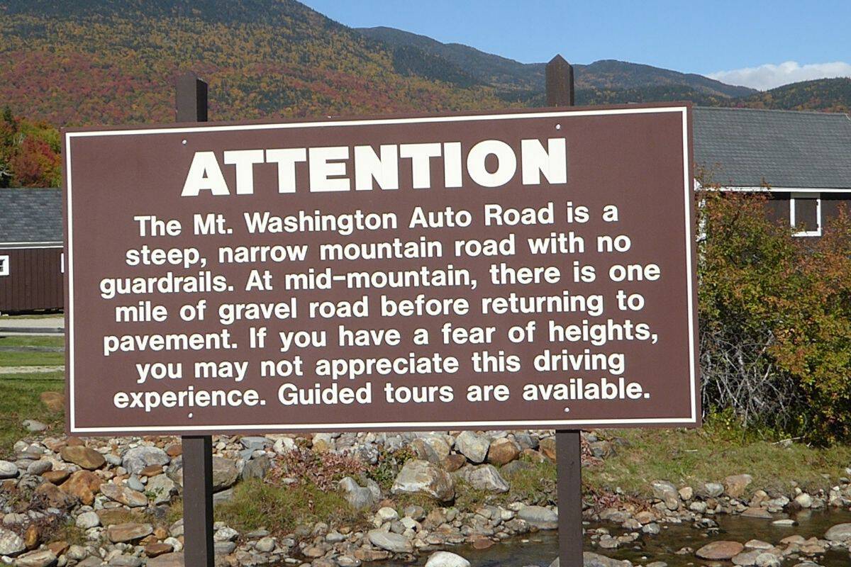 Warning sign for the Mt. Washington Auto Road, White Mountains, NH