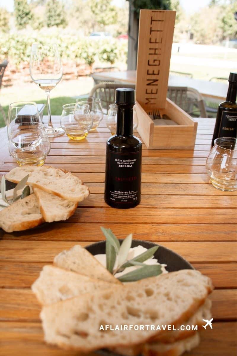 Bread and olive oil tasting table at Meneghetti Wine Lodge in Istria
