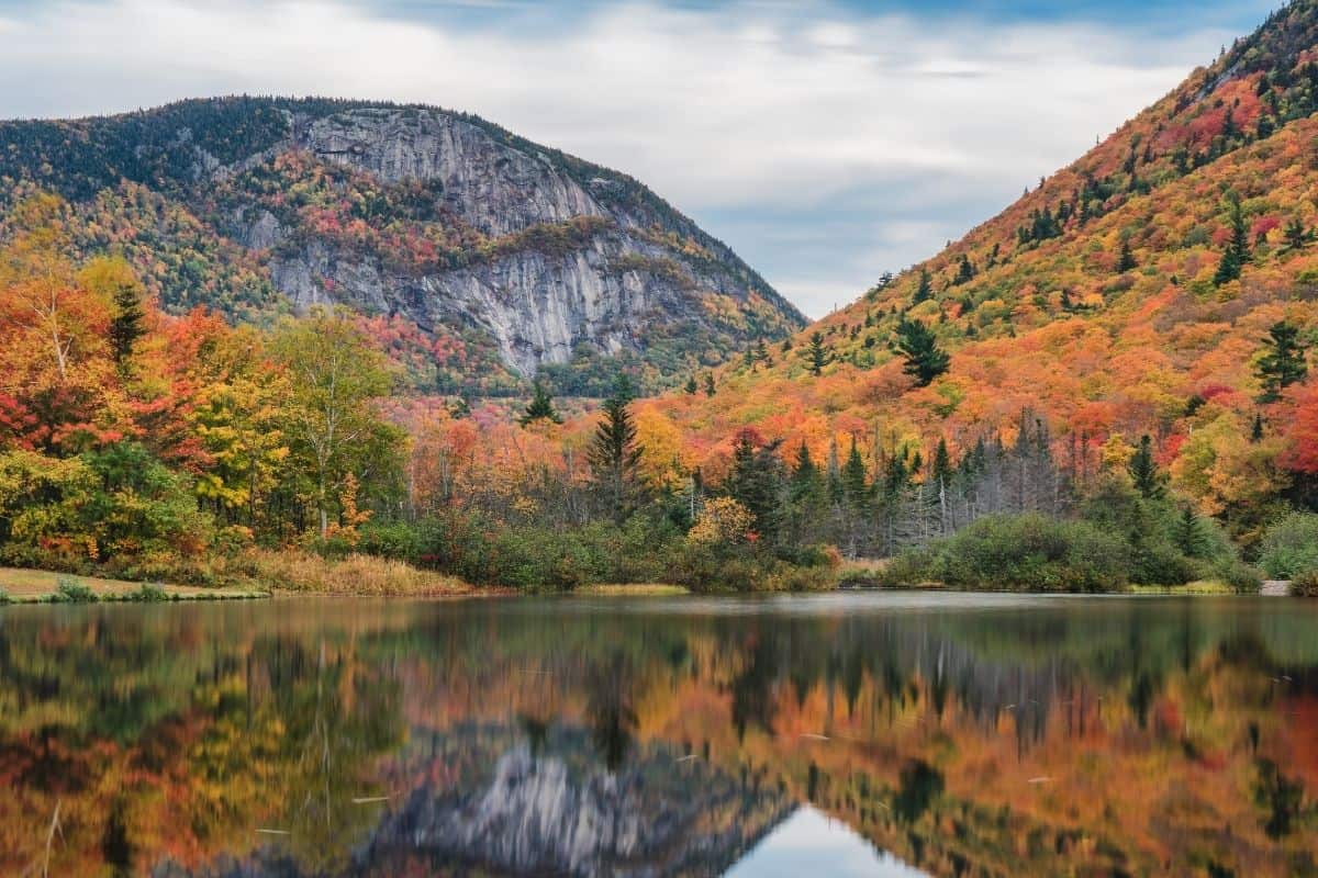 Echo Lake reflecting fall foliage and mountains in White Moutains, NH