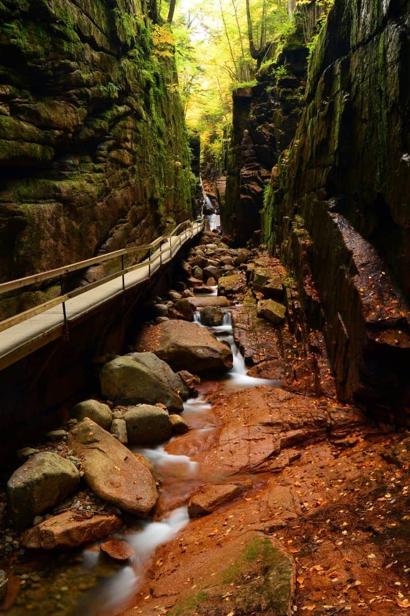 Boardwalk through the narrow rock walls of Flume Gorge, New Hampshire