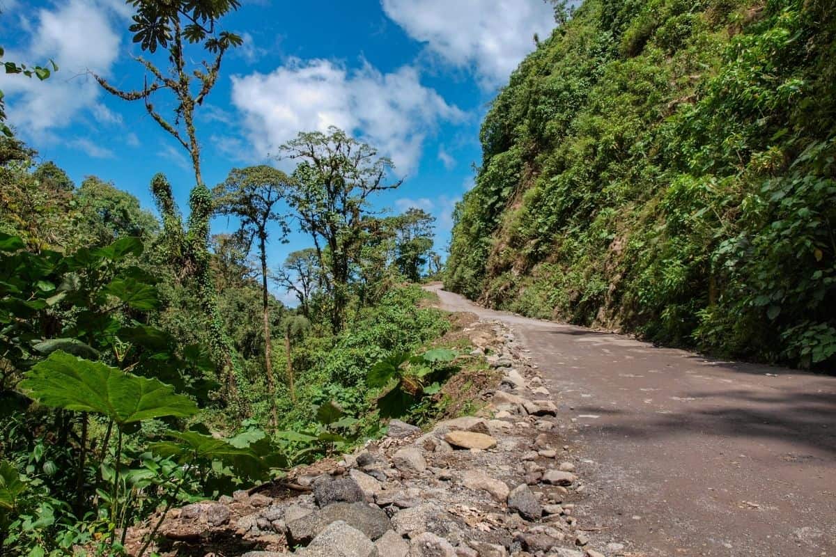 Narrow gravel road along a steep, jungle-covered mountainside, one of the trickier stretches for driving in Costa Rica